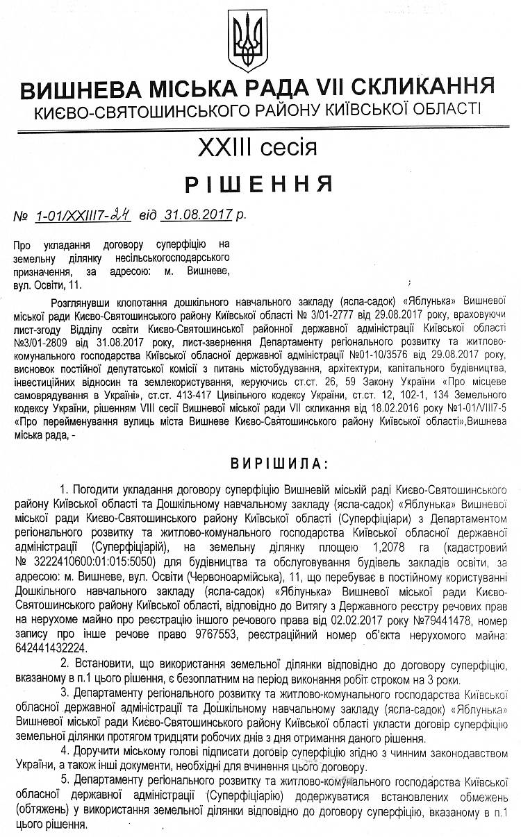 РІШЕННЯ ХХIII СЕСІЇ VIІ СКЛИКАННЯ від 31.08.2017 року